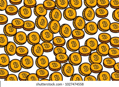 Digital illustration depicting multiple cartoon-style bitcoin symbols arranged as a seamless pattern. Represents cryptocurrency, financial innovation, and digital technologies