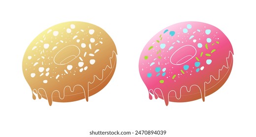 Eine digitale Illustration mit zwei Donuts. Der Donut auf der linken Seite hat eine gelbe Glasur mit weißen Streuseln und der Donut auf der rechten Seite hat eine rosa Glasur mit blauen, grünen und weißen Streuseln.