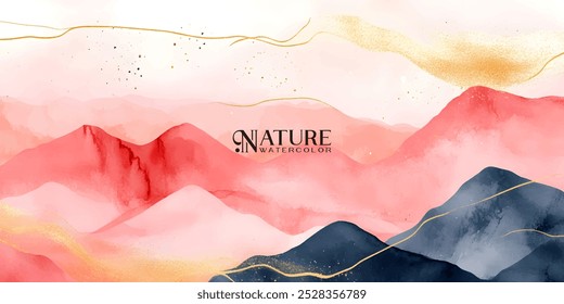 Uma ilustração digital representando uma paisagem aquarela com montanhas rosas, vermelhas e azuis e acentos dourados.