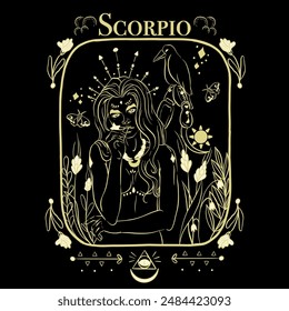 Una ilustración digital representa el Iniciar sesión del zodiaco Escorpio amarillo dorado contra un fondo negro. El signo está representado por una mujer con el pelo largo y ondulado adornado con joyas y una corona de flechas