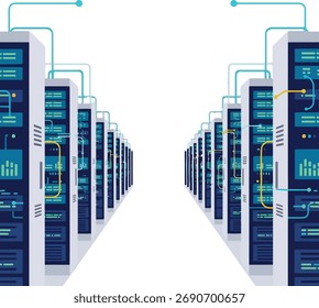 Uma ilustração digital representa uma sala de servidores com fileiras de servidores de computador altos e elegantes conectados por cabos azuis, sugerindo infraestrutura de rede e processamento de dados.