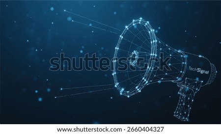 A digital illustration depicts a wireframe megaphone in a low poly style against a dark blue background. The megaphone is outlined with glowing blue lines and connected nodes
