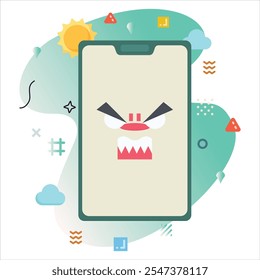 Diseño de ilustración digital con un emoji cauteloso y enojado audaz, que se muestra en una pantalla de teléfono inteligente con Colores alegres y Elementos geométricos únicos | Diseño enojado del icono del emoji en la pantalla del smartphone