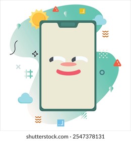 Digitales Illustrationsdesign mit einem fetten frechen Emoji, auf einem Smartphone-Bildschirm mit fröhlichen Farben und einzigartigen geometrischen Elementen dargestellt | freche Emoji Icon Design auf Smartphone-Bildschirm