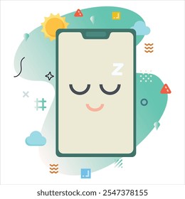 Design de ilustração digital com um Emoji arrojado e sonolento, exibido em uma tela de smartphone com cores alegres e elementos geométricos exclusivos | Design de ícone de Emoji sonolento na tela do Smartphone