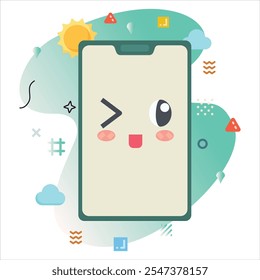 Design de ilustração digital com um Emoji wink arrojado, exibido em uma tela de Smartphone com cores alegres e elementos geométricos exclusivos | wink Emoji Icon Design na tela do Smartphone