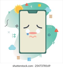 Digital Illustration Design Featuring a Bold sad Emoji, Displayed on a Smartphone Screen with Cheerful Colors and Unique Geometric Elements | sad Emoji Icon Design on Smartphone Screen