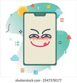 Digital Illustration Design Featuring a Bold lust Emoji, Displayed on a Smartphone Screen with Cheerful Colors and Unique Geometric Elements | lust Emoji Icon Design on Smartphone Screen