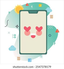 Digital Illustration Design Featuring a Bold in love Emoji, Displayed on a Smartphone Screen with Cheerful Colors and Unique Geometric Elements | in love Emoji Icon Design on Smartphone Screen