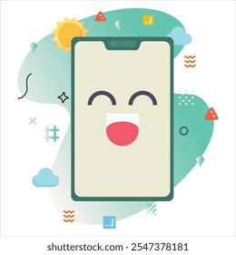 Design de ilustração digital Apresentando um Emoji risada ousada, Exibido em uma tela de Smartphone com cores alegres e elementos geométricos exclusivos | rindo Emoji Icon Design na tela do Smartphone