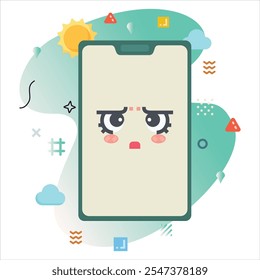 Diseño de ilustración digital con un emoji cauteloso y audaz, que se muestra en la pantalla de un teléfono inteligente con Colores alegres e Elementos geométricos únicos | duda Diseño de iconos de Emoji en la pantalla del teléfono inteligente