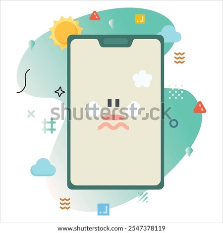 Digital Illustration Design Featuring a Bold angry Dismayed Emoji, Displayed on a Smartphone Screen with Cheerful Colors and Unique Geometric Elements | angry Emoji Icon Design on Smartphone Screen