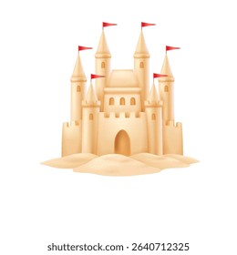 Digital illustration of a detailed sandcastle with red flags. Soft beige tones represent summer fun and beach activities, perfect for holiday themes.