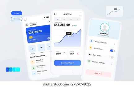 A digital illustration displays three smartphone screens showcasing a modern banking application with balance information, expense tracking charts, and user account settings.