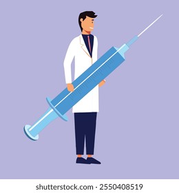 A digital illustration of a doctor standing confidently, holding an oversized injection syringe in hands.