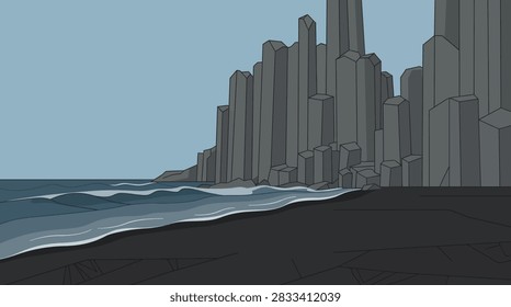 A digital illustration of a dramatic black sand beach with towering basalt column cliffs rising from the ocean shore under a muted sky.