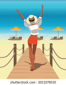 Digital illustration of emotions of happiness and joy of a girl in summer on vacation walks along the pier to the bridge to the ocean in a bikini and a hat to sunbathe and swim