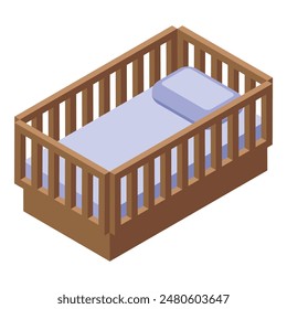 Digital illustration of an empty wooden baby crib in an isometric view, with a pillow and blanket