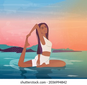 Digital illustration of a fairytale girl doing yoga in the water at sunset