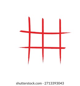 Una ilustración digital presenta una cuadrícula simple de 3x3, representada en un llamativo color rojo contra un fondo blanco limpio. Las líneas no son precisas; en cambio, tienen una calidad rugosa, dibujada a mano, que se asemeja a trazos de un marcador o pincel grueso. Los extremos de las líneas se estrechan hacia los puntos, dando una sensación de creación rápida y artística. Este patrón reconocible sirve para múltiples propósitos, comúnmente identificado como la cuadrícula para el juego clásico de tic-tac-toe o como el símbolo de etiqueta moderna (#). El diseño minimalista de la Imagen hace hincapié en la simplicidad y el alto contraste.