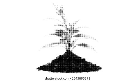 A digital illustration features a vibrant plant emerging from rich, dark soil, symbolizing growth and nature's resilience. This artwork emphasizes eco-friendly themes.