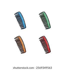 A digital illustration featuring a collection of colorful combs, each with a unique vibrant color, displayed on a plain white background. Perfect for themes of grooming, design, and personal care.