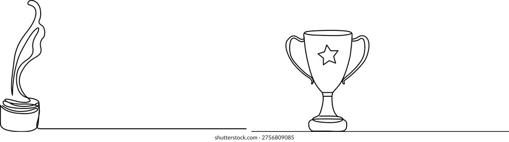 A digital illustration featuring a continuous line art style showing two distinct awards: a stylized abstract flame-shaped trophy on the left and a classic cup-shaped trophy with a star symbol in the center on the right, all rendered in black ink against a stark white background.