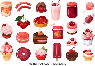 Una ilustración digital con un delicioso postre de cereza. Este gráfico de Vector muestra vibrantes cerezas rojas, a menudo presentadas con Elementos de crema batida, pastel o pastelería, que capturan 