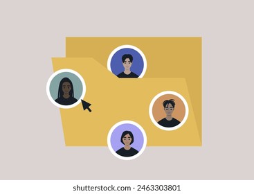 A digital illustration featuring diverse avatars organized within and around a yellow folder, with a mouse cursor pointing to one, on a minimalistic pale background