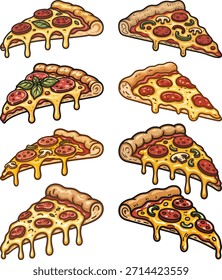 Una ilustración digital con ocho rebanadas de pizza con queso derretido y varios ingredientes, dispuestos en dos columnas de cuatro rebanadas cada una.