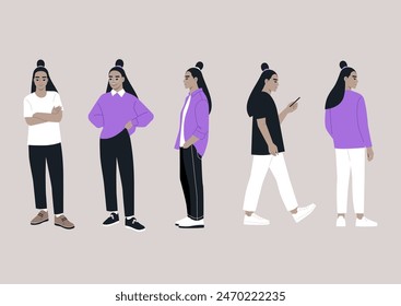 A digital illustration featuring five figures in various relaxed poses, showcasing a range of casual attire and contemporary fashion styles