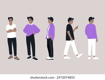 A digital illustration featuring five figures in various relaxed poses, showcasing a range of casual attire and contemporary fashion styles
