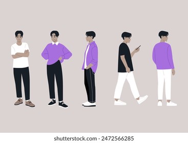A digital illustration featuring five figures in various relaxed poses, showcasing a range of casual attire and contemporary fashion styles