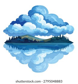 A digital illustration featuring a forest-covered mountain range reflected in a still lake under a sky filled with large fluffy clouds