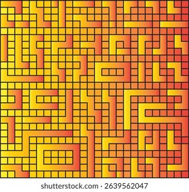 A digital illustration featuring a geometric maze-like pattern with a warm gradient transitioning from yellow to red. The design consists of small square elements arranged in a structured. 