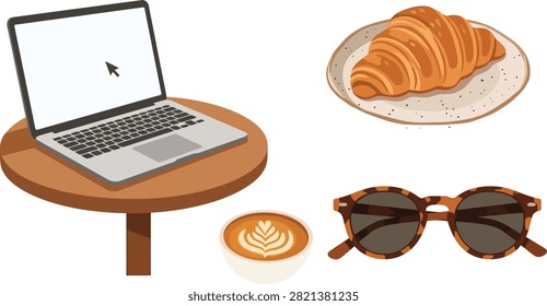 A digital illustration featuring a laptop on a wooden table, a croissant on a plate, a cup of latte art coffee, and tortoiseshell sunglasses.