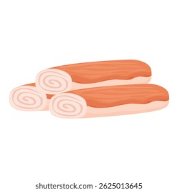Digital illustration featuring neatly rolled slices of ham, isolated on a white background