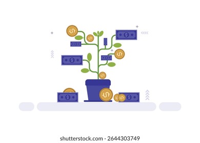 A digital illustration featuring a potted plant with green stems and leaves. Instead of flowers or fruits, it bears blue dollar bills and gold coins