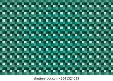 A digital illustration featuring a repeating checkerboard pattern in varying shades of teal and green. The squares create a gradient effect.