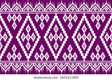 A digital illustration featuring a repeating geometric diamond pattern with decorative borders presented in white on a vibrant purple background