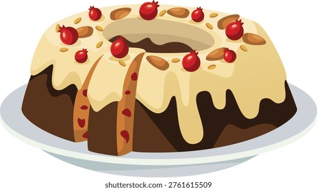Digital illustration featuring a rich chocolate Bundt cake presented on a clean white plate, designed with festive decorative toppings that enhance its seasonal appeal. The dessert is covered with smooth white icing or glaze that gently drips along the surface, creating a visually pleasing contrast against the dark chocolate base. Bright red berries are placed as accents, adding vibrant color and a sense of freshness, while scattered almonds contribute texture and a refined decorative touch. This composition captures the warmth and indulgence associated with holiday desserts, making it ideal for a variety of creative applications.

The balanced arrangement highlights the cake as the focal point, while the toppings provide visual interest without overwhelming the design. The smooth icing adds elegance, while the berries and nuts introduce natural elements that complement the rich tones of the dessert. The white plate serves as a neutral base, ensuring clarity and allowing the illustration to stand out in both simple and detailed layouts. This makes the artwork suitable for menus, recipe books, social media content, advertisements, greeting cards, and seasonal promotional materials.

The stylized graphic approach ensures a modern and clean aesthetic while retaining enough detail to convey realism and appetite appeal. Designers, marketers, and content creators can use this illustration for bakery branding, café menus, cooking blogs, or festive marketing campaigns. Its versatile design allows seamless integration into digital and print formats, including posters, banners, website visuals, and packaging designs. The scalable nature of the artwork ensures consistent quality across various sizes and platforms.

This festive dessert illustration symbolizes celebration, indulgence, and seasonal enjoyment, making it especially relevant for winter holidays and special occasions. Its inviting presentation appeals to a wide audience, combining traditional dessert imagery with contemporary graphic styling.