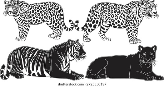 A digital illustration featuring silhouettes of four big cats, including a leopard, cheetah, tiger, and panther in black and white.