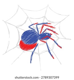 A digital illustration featuring a stylized spider with red and blue scribble textures resting on a spider web against a plain white background