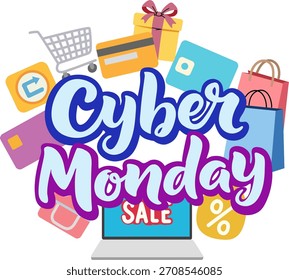 A digital illustration featuring the text "Cyber Monday SALE" surrounded by various icons representing online shopping, such as credit cards