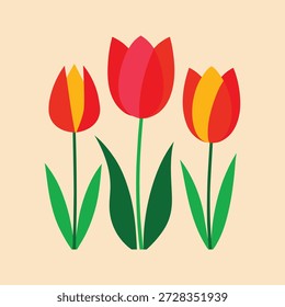 Una ilustración digital con tres tulipanes con subgrupos y hojas verdes en un estilo simple y gráfico
