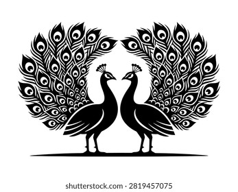A digital illustration featuring two black peacock silhouettes standing face to face with elaborate fanshaped feathered tails spread out