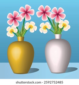 A digital illustration featuring two decorative vases,one golden and one silver,filled with vibrant plumeria flowers in pink and yellow.The flowers and vases are perfect for interior decor.
