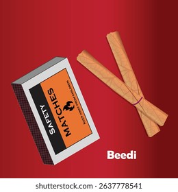 A digital illustration featuring two rolled beedis (traditional Indian hand-rolled cigarettes made from tendu leaves) tied with a pink thread, placed beside a classic safety matchbox. 