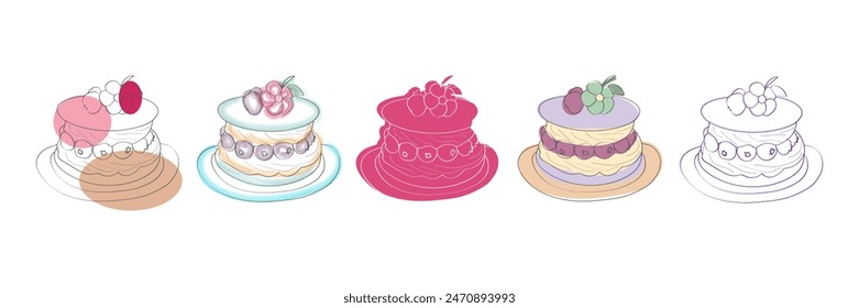 A digital illustration of five colorful berry cakes with various toppings, each on a plate.