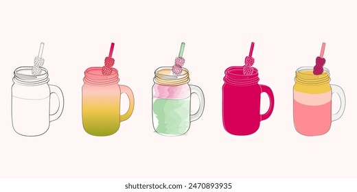 A digital illustration of five mason jars filled with colorful smoothies, each topped with a straw and a few berries.